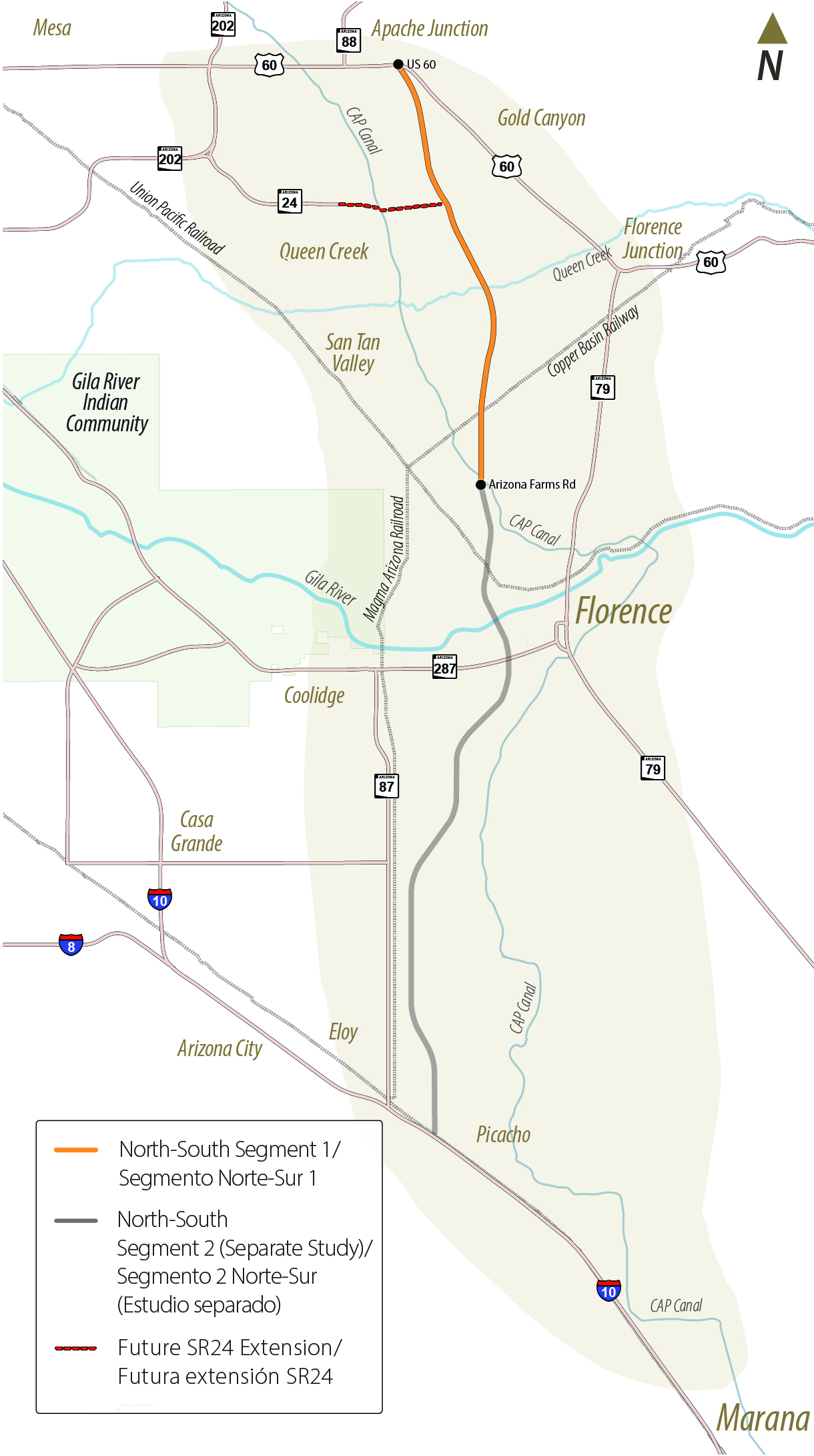 Corridor map highlighting Segment 1 of the corridor from US 60 to Arizona Farms Road.